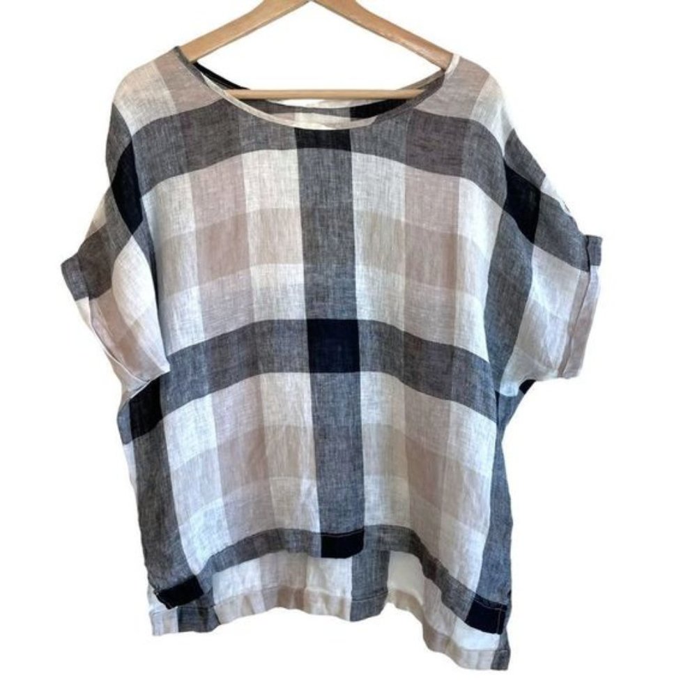 Buffalo Plaid Cuffed Sleeves 100% Linen Top